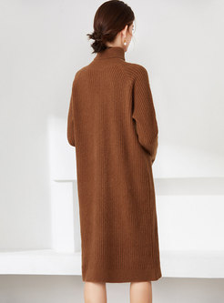 Turtleneck Long Sleeve Ribbed Loose Sweater Dress