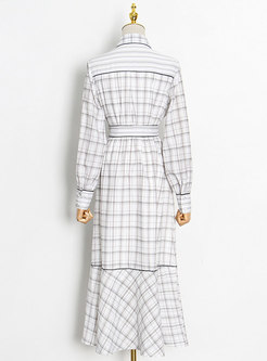 Turn Down Collar Belted Plaid Long Dress