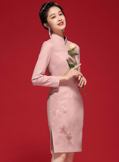 Mock Neck Print Cheongsam Mini Dress