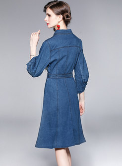 Long Sleeve Embroidered Belted Denim Dress