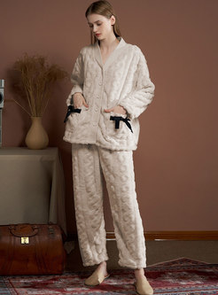 Casual V-neck Coral Single-breasted Pajama Set