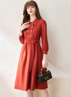 Long Sleeve Double-breasted Belted Skater Dress