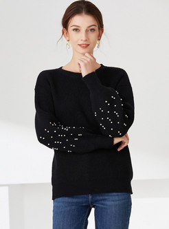 Crew Neck Long Sleeve Pullover Beaded Sweater