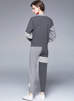 V-neck Color-blocked Cardigan & High Waisted Harem Pants