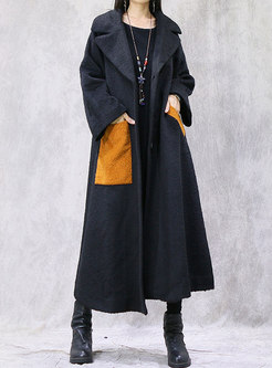 Retro Color-blocked Plus Size Long Overcoat