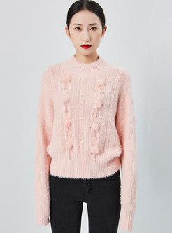 Crew Neck Fringed Beaded Cable-knit Sweater