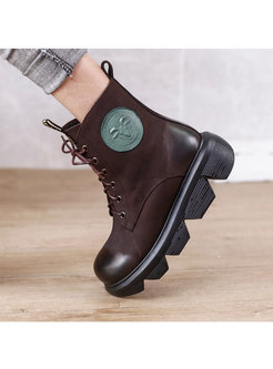 Retro Cowhide Shoelace Platform Snow Boots