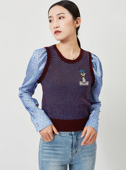 Crew Neck Plaid Pacthwork Embroidered Sweater