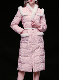 Rabbit Hair Patchwork Jacquard Belted Down Coat