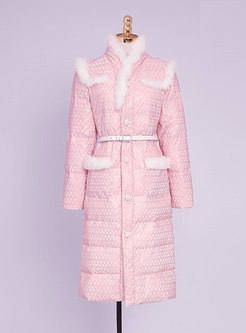 Rabbit Hair Patchwork Jacquard Belted Down Coat