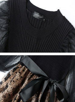 Black Sweater Patchwork Sheer Mesh Skater Dress