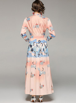 Long Sleeve Animal Print Pleated Maxi Dress