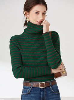 Turtleneck Striped Color Blocked Slim Sweater