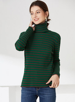 Turtleneck Striped Color Blocked Slim Sweater