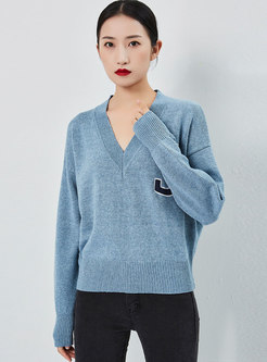 Brief Pullover Letter Embroidered Loose Sweater