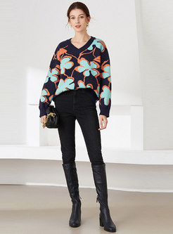 V-neck Flower Casual Pullover Sweater