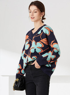 V-neck Flower Casual Pullover Sweater