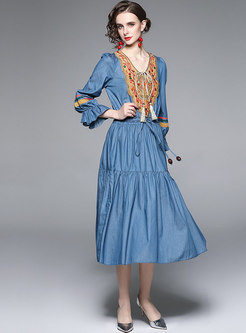 Long Sleeve Embroidered Patchwork Denim Maxi Dress