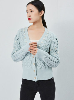 V-neck Beaded Cable-knit Short Cardigan