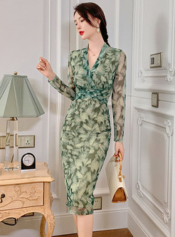 V-neck Print Green Midi Sheath Dress