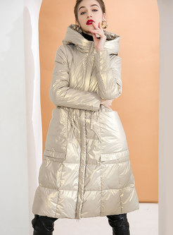 Hooded Drawcord Midi Shiny Puffer Coat