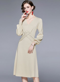 V-neck Beaded Elegant Midi Knitted Dress