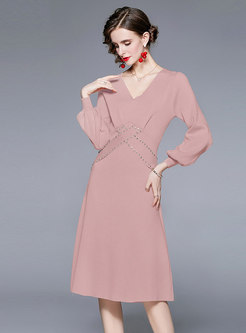 V-neck Beaded Elegant Midi Knitted Dress