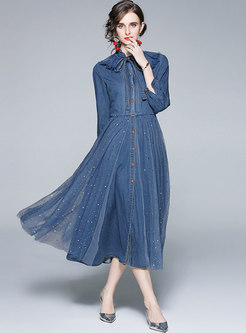 Long Sleeve Mesh Sequin Patchwork Denim Maxi Dress