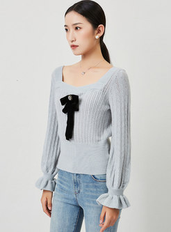 Square Neck Bowknot Long Sleeve Sweater