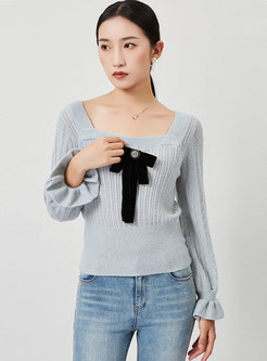 Square Neck Bowknot Long Sleeve Sweater