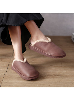 Rounded Toe Short Plush Lined Flat Winter Slippers
