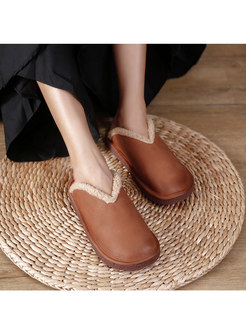 Rounded Toe Short Plush Lined Flat Winter Slippers