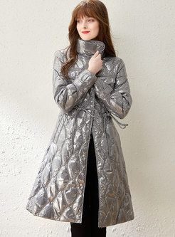 Stylish Drawstring Shiny A Line Quilted Down Coat