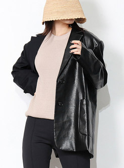 Casual Flap Pockets Leather Patchwork Straight Blazer