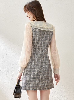 Embroidered Lapel Patchwork Short Tweed Dress