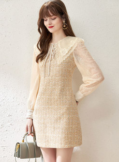 Embroidered Lapel Patchwork Short Tweed Dress