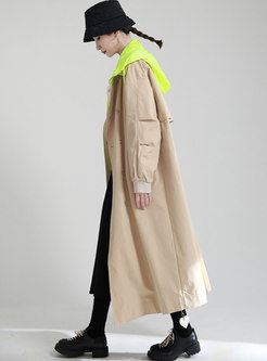 Color-blocked Hooded Plus Size Trench Coat