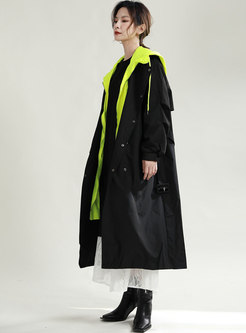 Color-blocked Hooded Plus Size Trench Coat