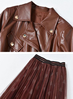 Style Leather Short Biker Coat & Mesh Maxi Skirt