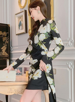 Mandarin Collar Print Long Sleeve Mini Dress