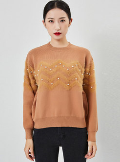 Crew Neck Beaded Pullover Color-blocked Sweater