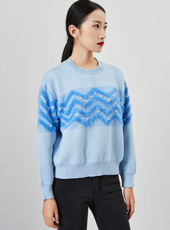 Crew Neck Beaded Pullover Color-blocked Sweater