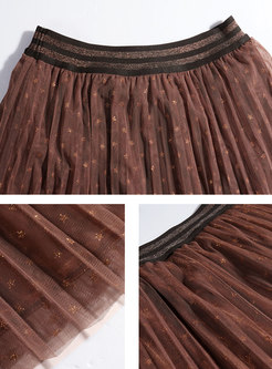 High Waisted Velvet Mesh A Line Midi Skirt