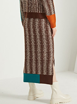 High Waisted Striped Straight Wool Long Skirt