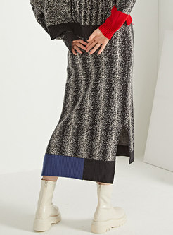 High Waisted Striped Straight Wool Long Skirt