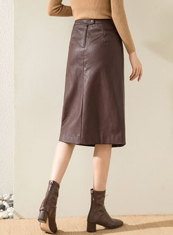 High Waisted Straight Leather Midi Skirt