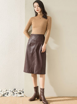 High Waisted Straight Leather Midi Skirt