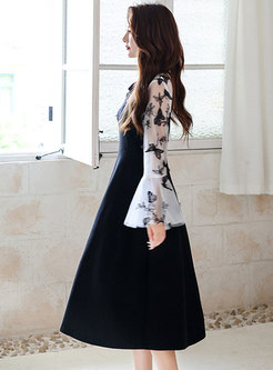 Flare Sleeve Patchwork Plus Size Midi Dress