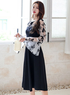 Flare Sleeve Patchwork Plus Size Midi Dress