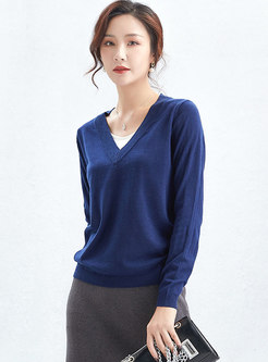 V-neck Solid Long Sleeve Pullover Sweater